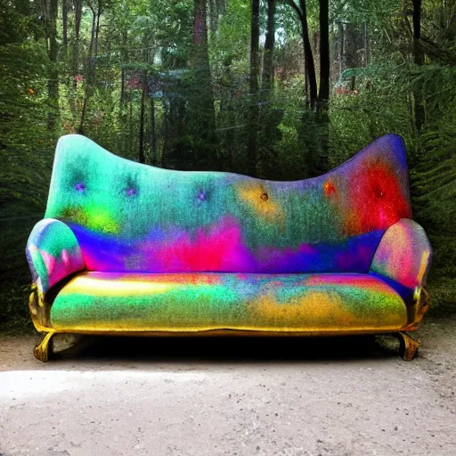 Image similar to psychedelic couch sofa in the lush pine forest, milky way, designed by arnold bocklin, jules bastien - lepage, tarsila do amaral, wayne barlowe and gustave baumann, cheval michael, trending on artstation, canada, star, sharp focus, colorful refracted sparkles and lines, soft light, 8 k 4 k