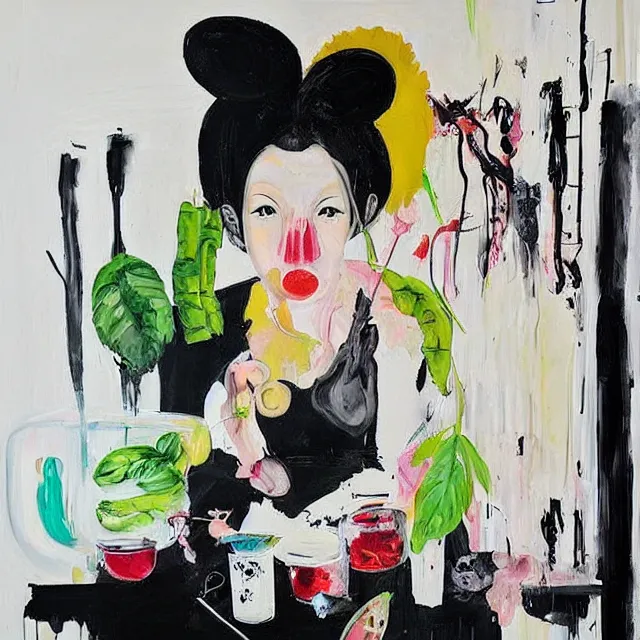 Image similar to “ a portrait in a female art student ’ s apartment, sensual, a pig theme, art supplies, paint tubes, ikebana, herbs, a candle dripping white wax, black walls, squashed berries, berry juice drips, acrylic and spray paint and oilstick on canvas, surrealism, neoexpressionism ”