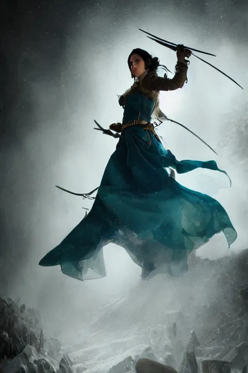 Image similar to Laura Bailey as Vex'ahlia from Vox Machina, Half-elf Ranger, realistic cinematic shot, swirling nature magic, subtle fog and mood lighting