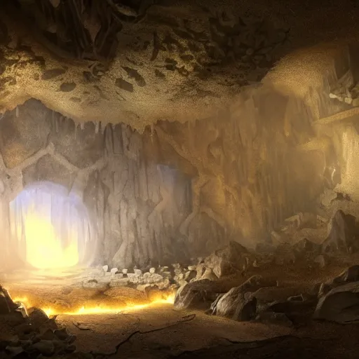 Image similar to beautiful matte painting of the inside of a cave with glowing crystals on the walls and bones on the floor, fantasy, sharp focus