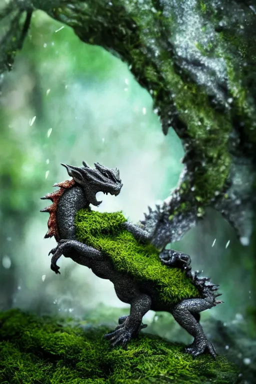 Image similar to a tiny dragon made of moss, dewdrops, macro, dramatic lighting, cinematic, establishing shot, extremely high detail, foto realistic, cinematic lighting, post processed, concept art, high details, cinematic, 8k resolution, beautiful detailed, photorealistic, digital painting, artstation, concept art, smooth, sharp focus, artstation trending, octane render, unreal engine