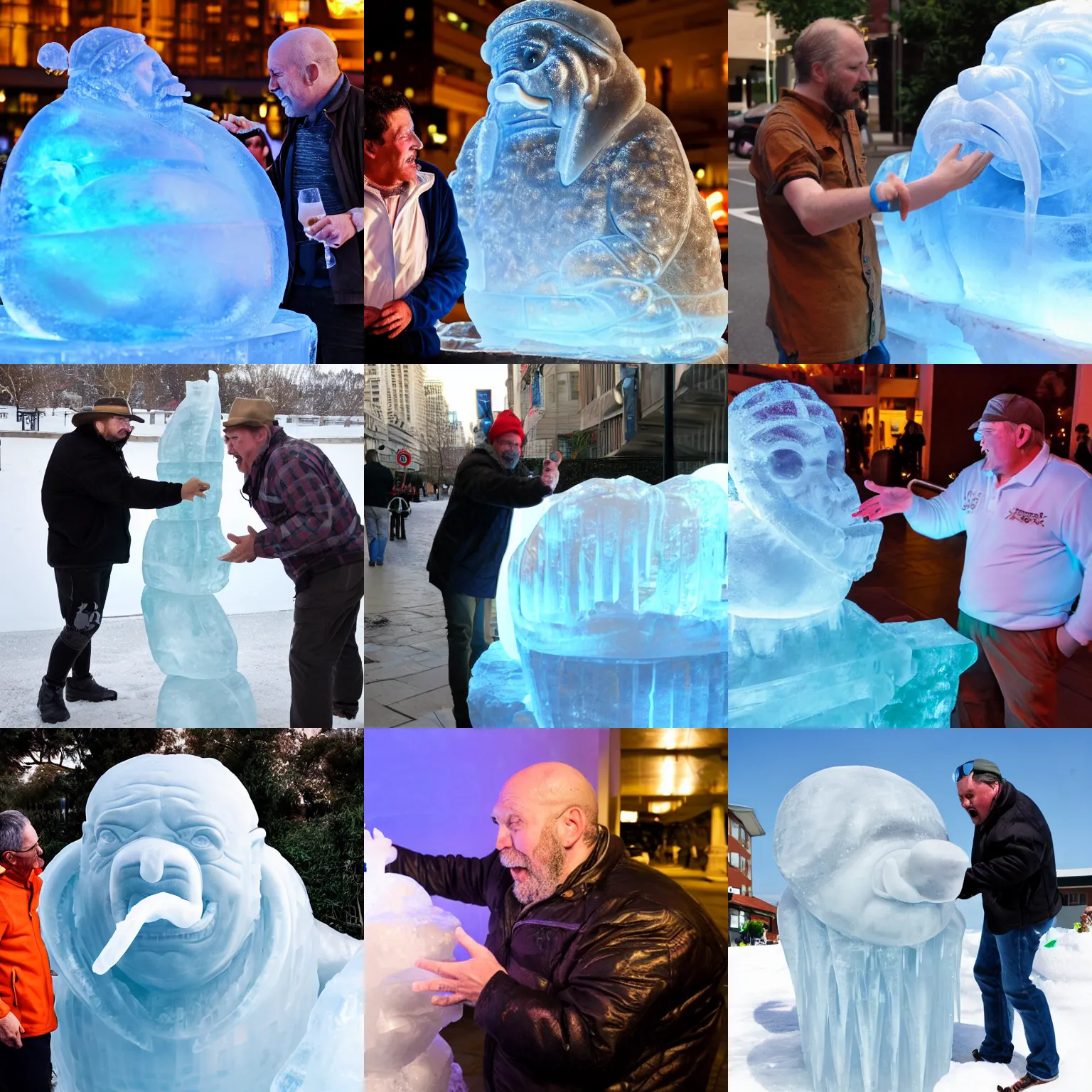 Prompt: drunk man talking to an ice sculpture of a walrus