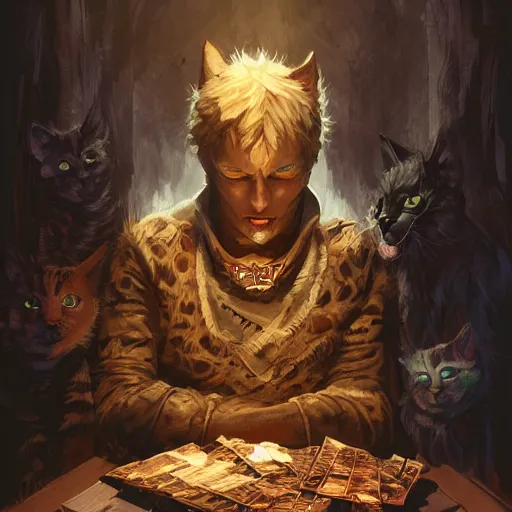 Image similar to Cat, Anthropomorphized, casting evil spell, magic the gathering artwork, D&D, fantasy, centered, symmetrical, highly detailed, artstation, concept art, sharp focus, 8k, art by Akihiko Yoshida and Greg Rutkowski and Craig Mullins, oil painting