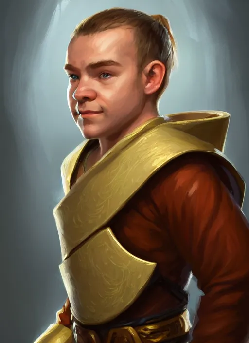 Prompt: symmetry!! oil painting digital art dungeons & dragons facial portrait of a caucasian halfling male cleric, with a ponytail, white robe with gold accents, white and brown robe with gold accents, necklace of a footprint, elegant, highly detailed, digital painting, artstation, concept art, sharp focus, illustration