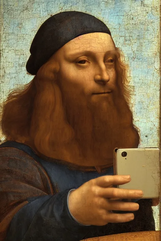 Prompt: old leonardo da vinci taking a selfie in ambroise garden, oil painting, digital art, photorealism, sharp high detail, 4 k