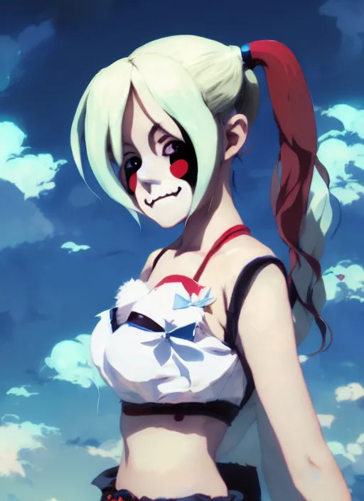 Image similar to portrait of cute anime harley quinn, cloudy sky background lush landscape illustration concept art anime key visual trending pixiv fanbox by wlop and greg rutkowski and makoto shinkai and studio ghibli