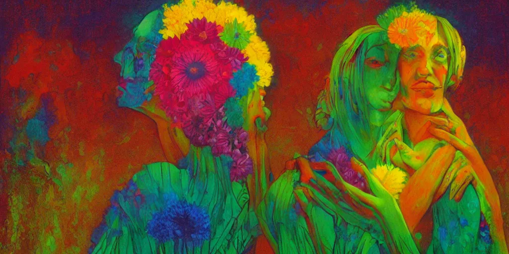 Image similar to portrait of women hugging made of colorful rainbow fractal flowers hugging Edward Hopper and James Gilleard, Zdzislaw Beksinski, highly detailed