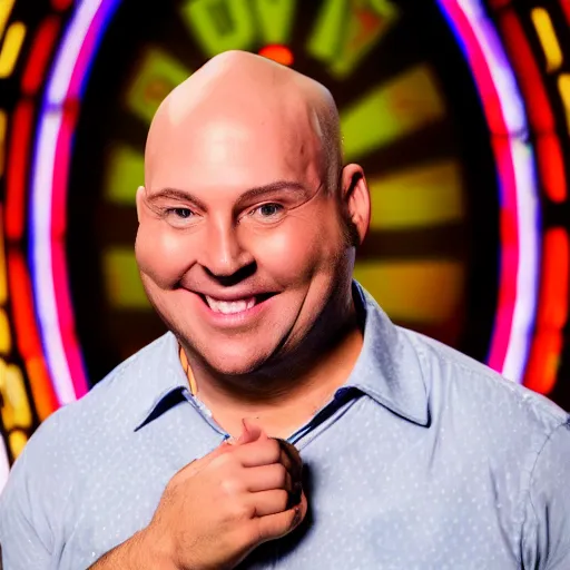 Image similar to tv show bald contestant with giant ears winning a duck on tv show wheel or no wheel