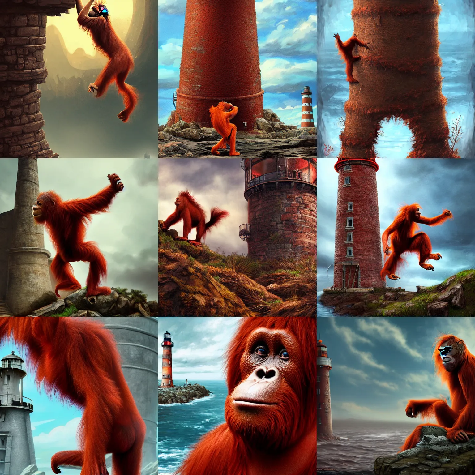 Prompt: realistic red orangutan climbing on the ruined lighthouse on the postcard, artstation trends, sci fi concept art, highly detailed, intricate, sharp focus, digital art, 8 k