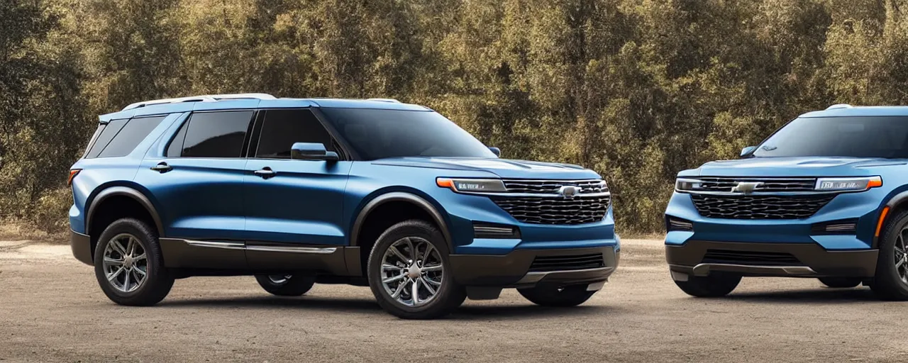 Prompt: A photo of an SUV inspired by a 2022 Ford Explorer and 2022 Chevrolet Tahoe parked in a driveway