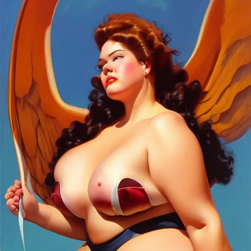 Prompt: upper body portrait of A plus-size model, bbw, sling bikini, wings, oil on canvas, realism, Lovecraftian, by J. C. Leyendecker and boris vallejo, artstation, concept character art