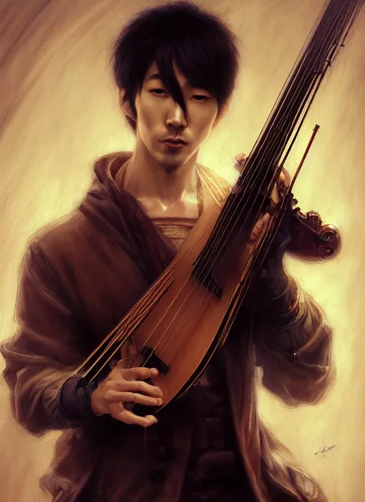 Image similar to modern japanese male bard playing lute, full body, hyper realistic, blade runner, extremely detailed, dnd character art portrait, dark fantasy art, intricate fantasy painting, steampunk, dramatic lighting, vivid colors, deviantart, artstation, by clyde caldwell and krenz cushart and artem demura and john williams waterhouse