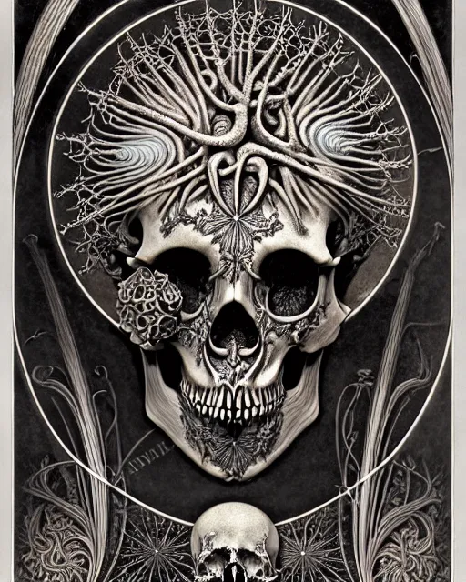 Image similar to art forms of nature by ernst haeckel, memento mori by arthur rackham, ornate antique porcelain beautiful skull mask, ultrasharp, photorealistic, hyperdetailed, octane render, polished, art nouveau, neo - gothic, gothic, intricate ornamental organic filigree, art nouveau botanicals, art forms of nature by ernst haeckel, horizontal symmetry, symbolist, visionary