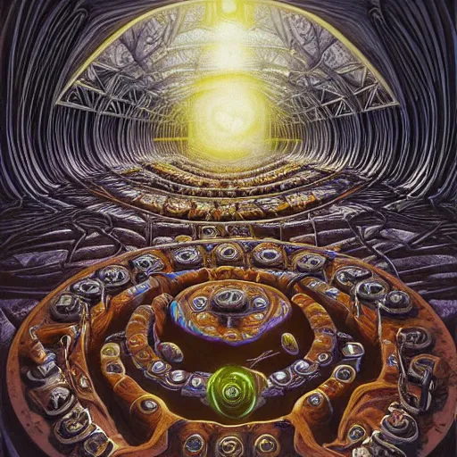 Image similar to a quantum computer, surrounded by a dark cabal of hooded elven mystics with long robes gathered in a circular formation, michael whelan art, dan seagrave art