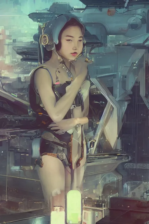 Image similar to portrait futuristic asian airforce girl, looking at the camera, in future airport rooftop , sci-fi, fantasy, intricate, very very beautiful, elegant, human anatomy, neon light, highly detailed, digital painting, artstation, concept art, smooth, sharp focus, illustration, art by tian zi and WLOP and alphonse mucha