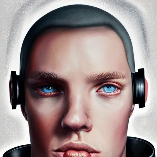 Prompt: portrait of eminem as a shocked man by greg rutkowski, he is about 3 0 years old, short blond hair, athletic and strong, straight jaw, wearing futuristic timepunk space gear, highly detailed portrait, digital painting, artstation, concept art, smooth, sharp foccus ilustration, artstation hq.