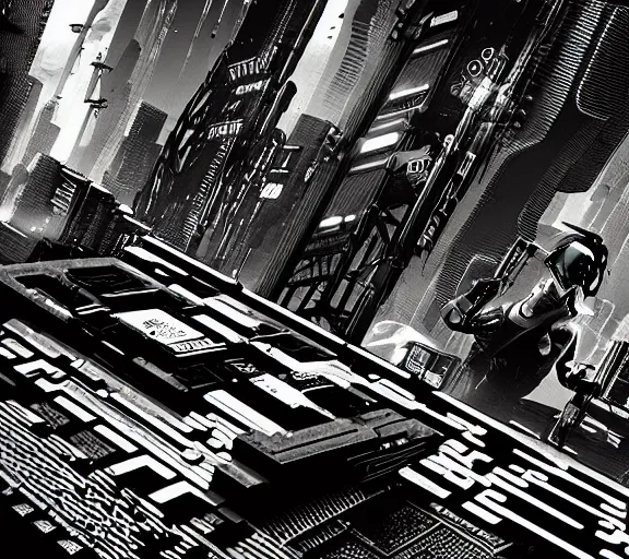 Image similar to a black and white illustration of a cyberpunk epic Friday night firefight in the style of M.C. Escher, Night City, cyberpunk 2077, 1979 OMNI Magazine Cover, impossible geometry, coherent, street level neo-Tokyo in Cyberpunk 2045, 4k, 8k, HD, trending on artstation