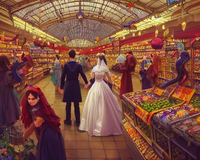 Image similar to a wedding in a supermarket, photography of kurzgesagt, deep focus, d & d, fantasy, intricate, elegant, highly detailed, digital painting, artstation, concept art, matte, sharp focus, illustration, hearthstone, art by artgerm and greg rutkowski and alphonse mucha