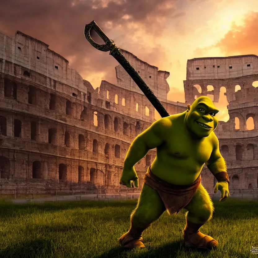 Image similar to shrek as a gladiator holding a sword, roman colosseum, sunset, cinematic lighting, volumetric lighting, award winning photography, highly detailed, intricate, sharp focus, 4 k wallpaper, unreal engine, 9 0 mm, f / 1. 4