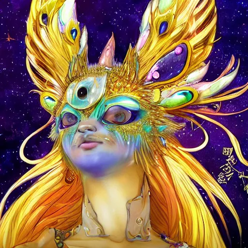 Prompt: portrait from an anime of an ethereal colorful blue gold starry fox peacock spirit character, giant golden fangs, wearing star filled magic imbued mage robes, wearing lots of gold jewelry and gems, set in observatory at night, art by yuji ikehata, background art by miyazaki, realism, detailed, proper human proportions, fully clothed