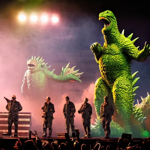 Prompt: army of godzilla on stage, smoking weed