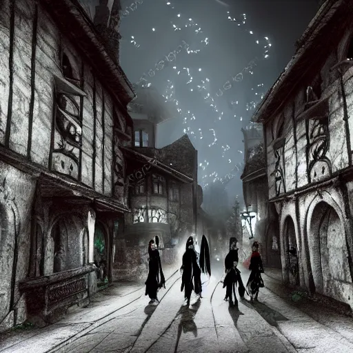 Prompt: ghostly procession of the undead walks down the streets of the ancient village of barovia, midnight, volumetric lighting, cinematic