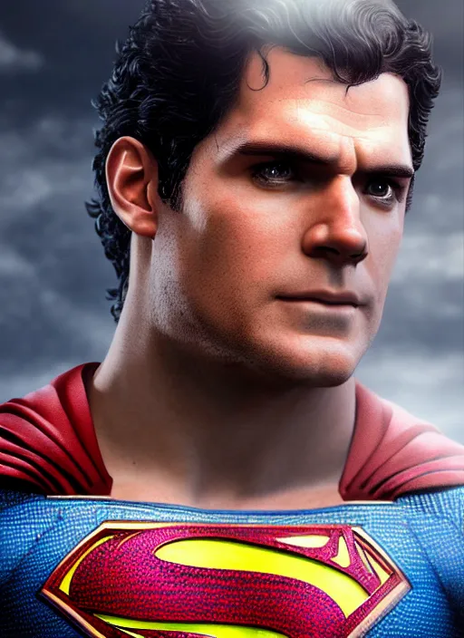 Image similar to An epic fantasy comic book style portrait painting of Henry Cavill as ‘Superman’, Unreal 5, DAZ, hyperrealistic, octane render, cosplay, RPG portrait, dynamic lighting