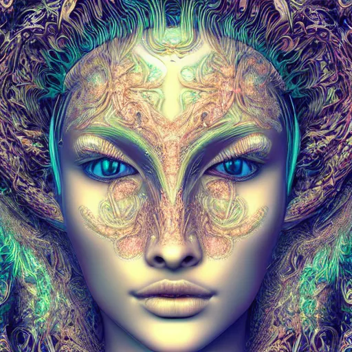 Prompt: beatifull frontal face portrait of a woman, 150mm, chromatic aberration, mandelbrot fractal, symmetric, intricate, elegant, highly detailed, ornate, ornament, sculpture, elegant , luxury, beautifully lit, ray trace, octane render in the style of peter Gric and alex grey