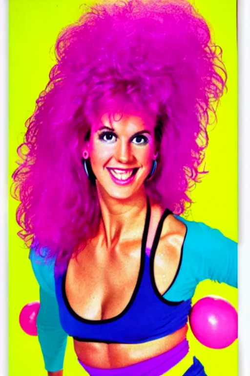 Image similar to 1980s big hair, brightly colored, zumba fitness art poster