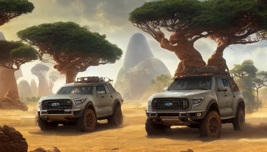 Image similar to an offroad suv designed by ford driving through madagascar with baobabs trees, artgerm and greg rutkowski and alphonse mucha, an epic fantasy, volumetric light, detailed, establishing shot, an epic fantasy, trending on art station, octane render, midsommar