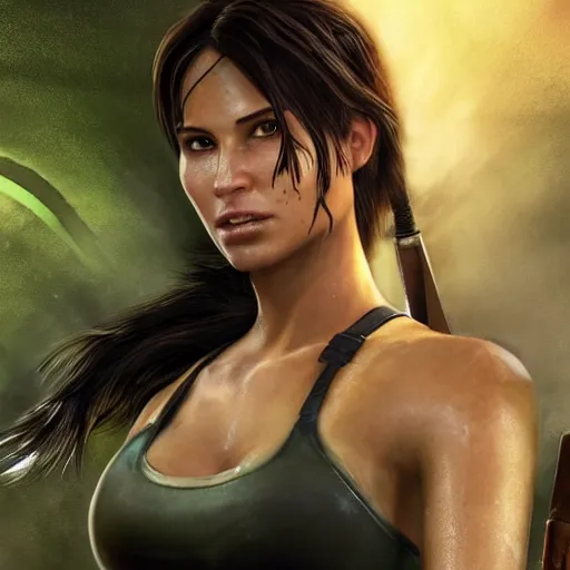 Prompt: dew, dew covers lara croft's face, focus on her face, sunlight