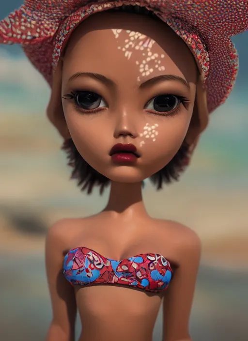 Image similar to closeup profile portrait of tin toy bikini girl surf sand, depth of field, zeiss lens, detailed, symmetrical, centered, fashion photoshoot, by nicoletta ceccoli, mark ryden, lostfish, breathtaking, 8 k resolution, extremely detailed, beautiful, establishing shot, artistic, hyperrealistic, octane render