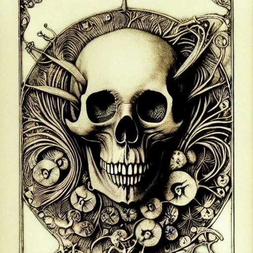 Image similar to memento mori by arthur rackham, art forms of nature by ernst haeckel, exquisitely detailed, art nouveau, gothic, ornately carved beautiful skull dominant, intricately carved antique bone, art nouveau botanicals, ornamental bone carvings, art forms of nature by ernst haeckel, horizontal symmetry, arthur rackham, ernst haeckel, symbolist, visionary