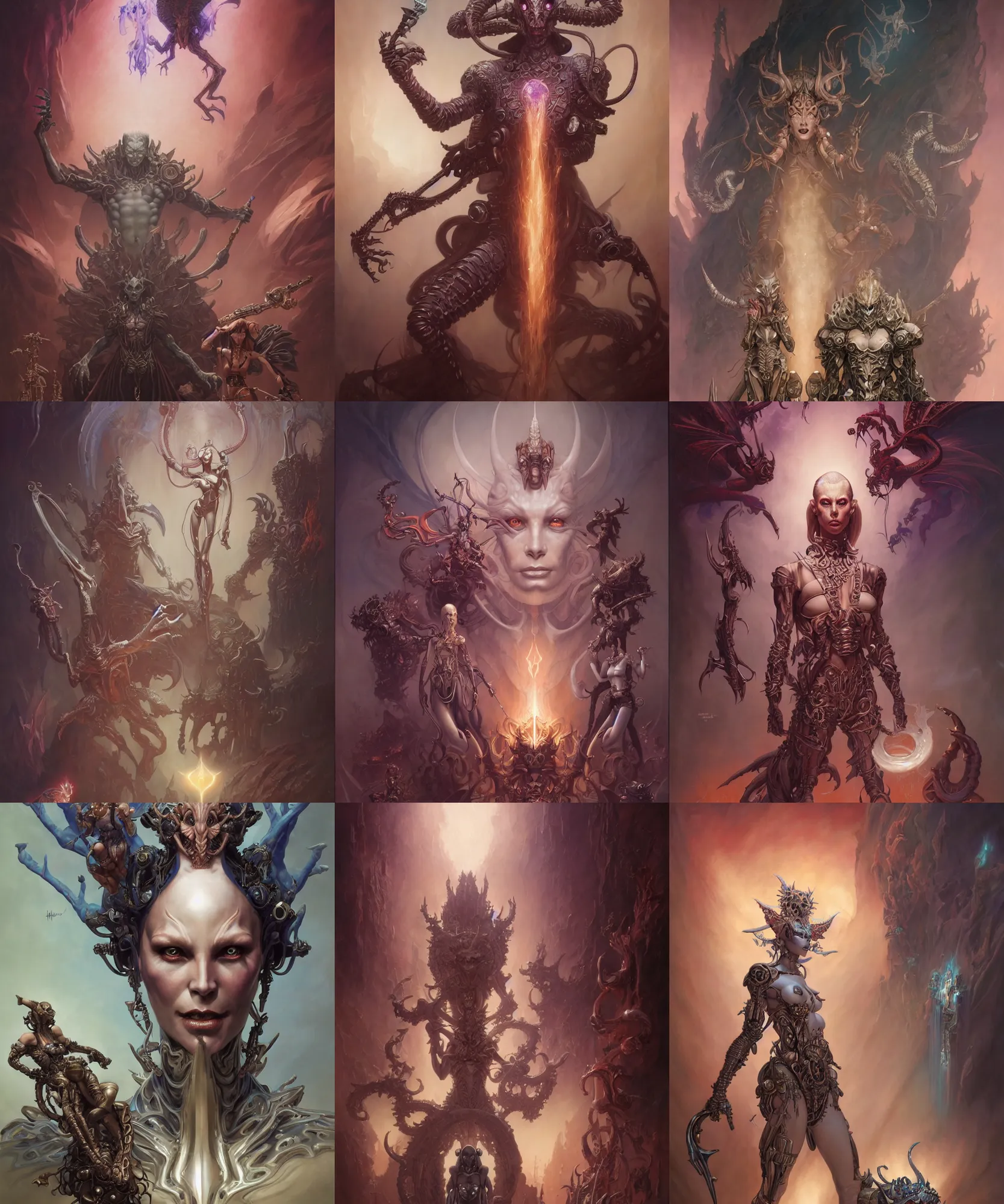 Image similar to beautiful evil fantasy character portrait, ultra realistic, demon, wide angle, intricate details, the fifth element artifacts, highly detailed by peter mohrbacher, hajime sorayama, wayne barlowe, boris vallejo, aaron horkey, gaston bussiere, craig mullins