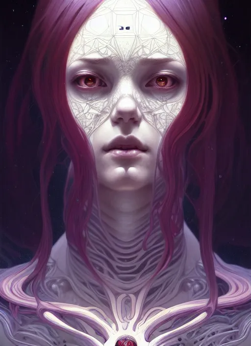 Image similar to symmetry!! portrait of female, cosmic horror, lovecraftian horror, intricate, horror!! highly detailed, digital painting, artstation, concept art, smooth, sharp focus, illustration, art by artgerm and greg rutkowski and alphonse mucha and junji ito, 8 k