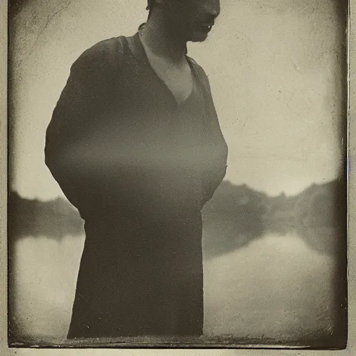 Image similar to A wet-collodion portrait of a man who is in a lake, half of his body is submerged while the other half is above the water, calming, serene, peaceful