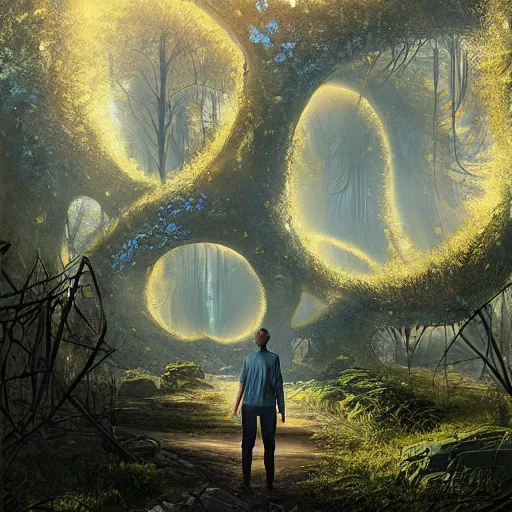 Prompt: a man standing in front of a portal in the middle of a forest, poster art by stephan martiniere, behance contest winner, sci - fi, reimagined by industrial light and magic, concept art