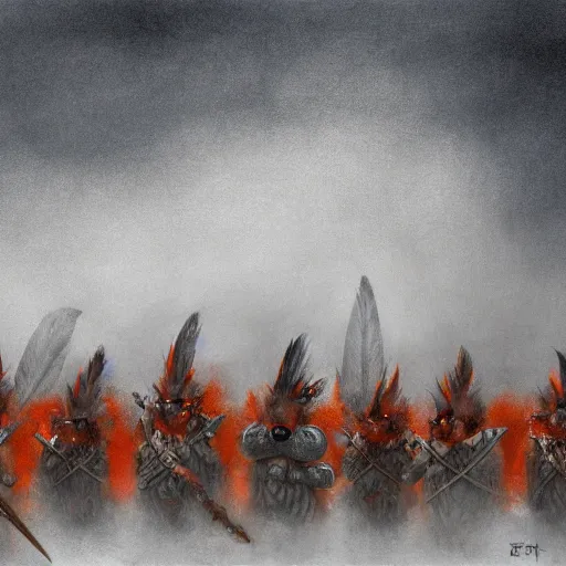 Prompt: a row of soldiers in the mist, dense fog ashigaru aztec mice with feather plumes, dramatic cinematic lighting, menacing, detailed concept painting trending on art station, by brian froud, by deak ferrand, grey, blue, orange-red