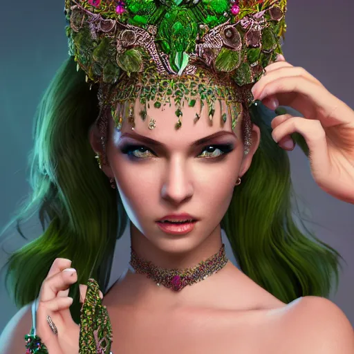 Prompt: wonderful princess with smooth fair skin, alluring eyes, green jewelry, breathtaking, elegant, intricate, hyper detailed, accent lighting, 4 k glamour photography, octane render