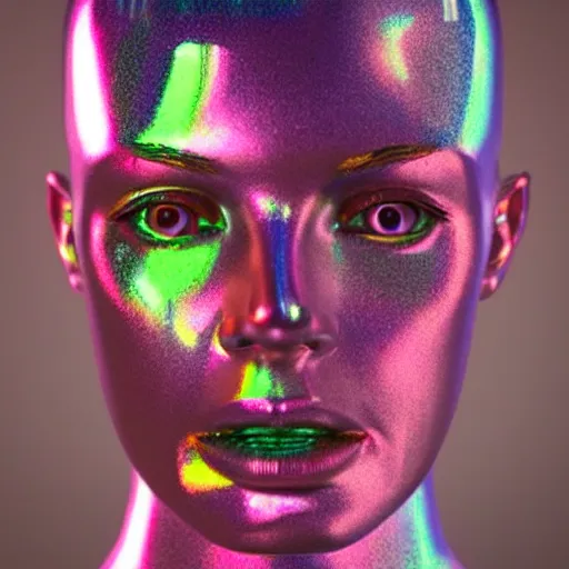 Image similar to 3d render of holographic human robotic head made of glossy iridescent, surrealistic 3d illustration of a human face non-binary, non binary model, 3d model human, cryengine, made of holographic texture, holographic material, holographic rainbow, concept of cyborg and artificial intelligence