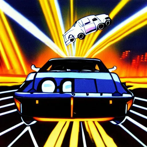 Image similar to a tardigrade driving a trans am, 1 9 8 3, miami, nighttime, synthwave, detailed,