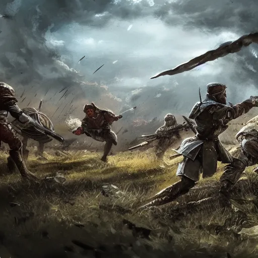 Image similar to war torn battlefield, figures fighting in the distance, a fallen warrior in focus, dnd, fantasy, high quality, high definition, concept art, smooth
