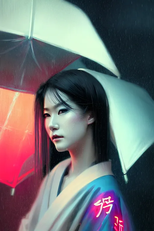 Prompt: photography face close - up portait of a beautiful young cyberpunk geisha half body in a kimono and with an white umbrella in city with neon lights, ambient lights, rainy day, digital painting, art station, by greg rutkowski