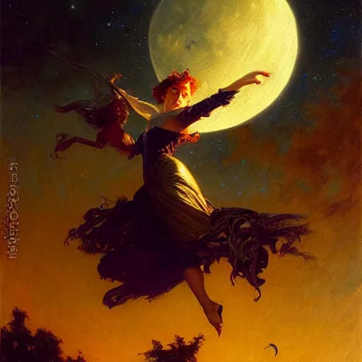 Image similar to witch flying, trough the night, fantasy, full moon in background. highly detailed painting by gaston bussiere, craig mullins, j. c. leyendecker 8 k