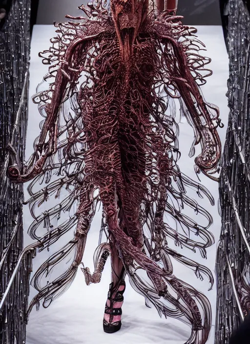 Image similar to walking down the catwalk, ben watts, show, stage, vogue photo, podium, fashion show photo, historical baroque dress dark, iris van herpen, beautiful woman, masterpiece, intricate, biopunk, vogue, full body shot, alien, plant predator, guyver, jellyfish, white biomechanical details, highly detailed