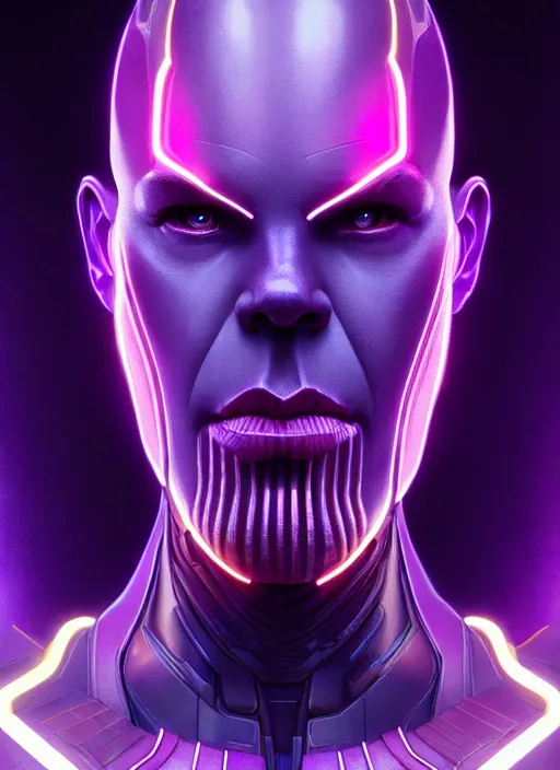 Image similar to portrait of thanos cyber humanoid, intricate, elegant, cyber neon lights, highly detailed, digital painting, artstation, glamor pose, concept art, smooth, sharp focus, illustration, art by artgerm and greg rutkowski