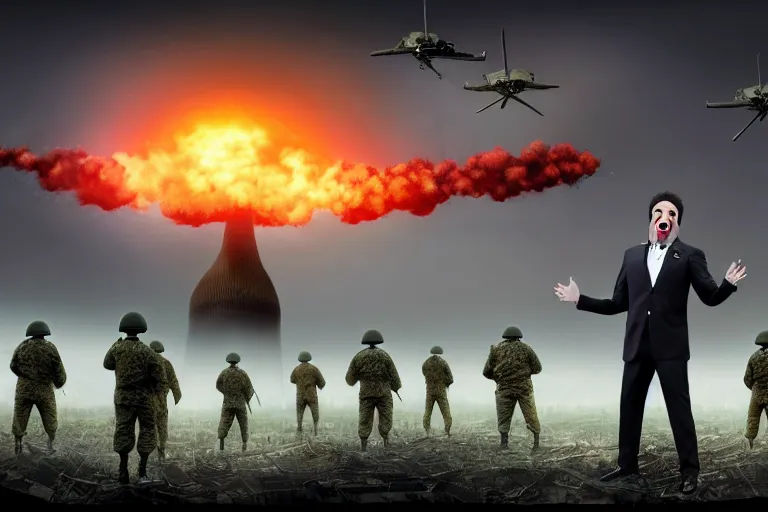 Image similar to a Comedian in suit and tie performing in a battle field with smiling dead bodies on the ground, comedian is funny, performing to dead soldiers, nuclear bomb mushroom cloud in far horizon, apocalypse, trending on artstation, artstationHD, hyperdetailed matte painting, highly detailed, digital painting, hyper-realistic, realistic, photorealistic