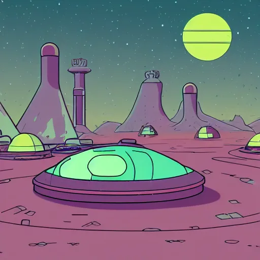 Prompt: retro sci-fi alien landscape spaceport in Rick and Morty style