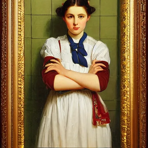 Prompt: maid uniform, symmetric beautiful face, orientalism portrait of a cute young woman with twin tails by Edwin Longsden Long and Theodore Ralli and Nasreddine Dinet and Adam Styk masterful intricate artwork