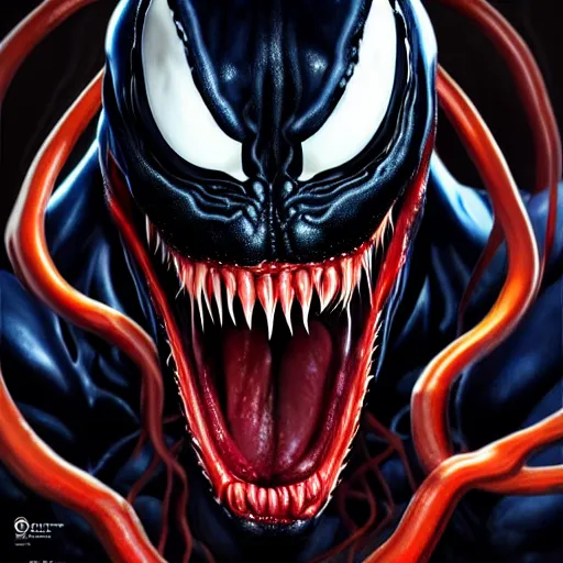 Image similar to venom, perfect eyes, full body shot, portrait, vivid colors, elegant, concept art, sharp focus, digital art, Hyper-realistic, 4K, Unreal Engine, Highly Detailed, HD, Dramatic Lighting by Brom, trending on Artstation